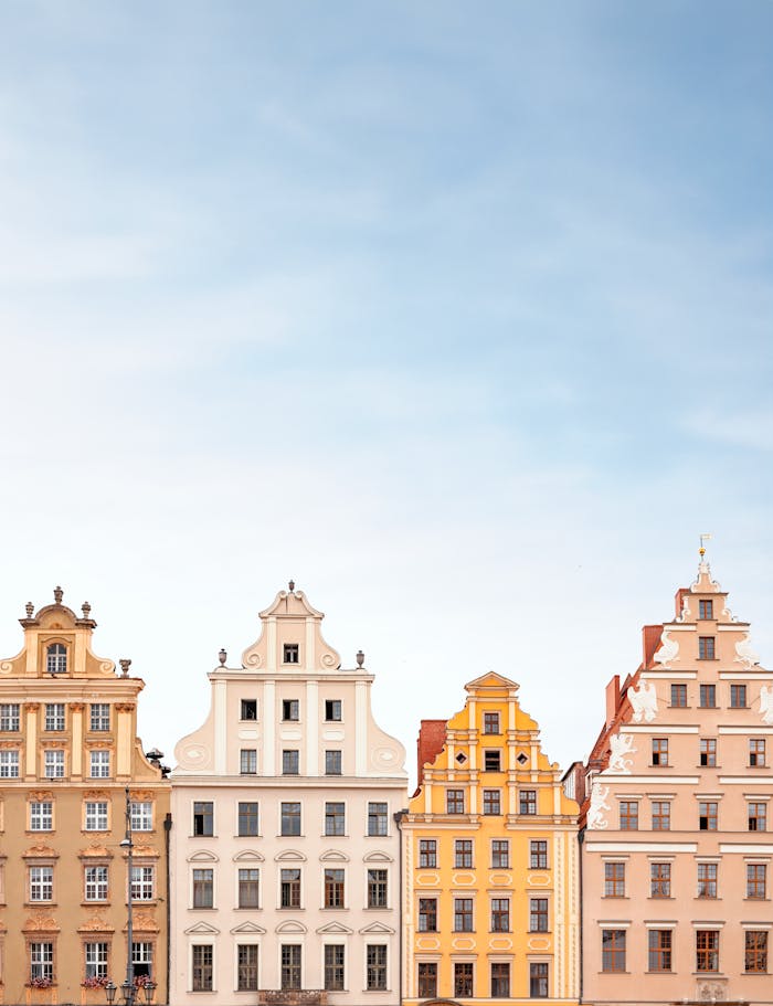 Charming colorful facades of historic tenements in Wrocław, Poland.