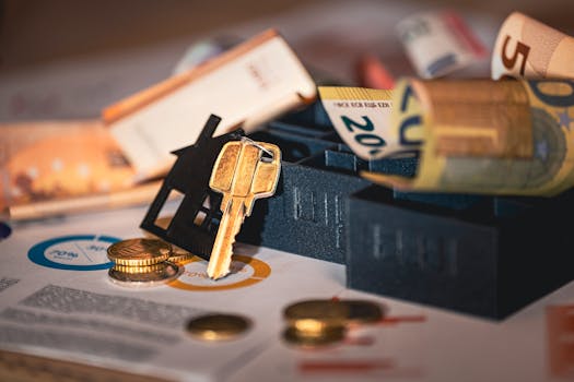 Close-up of house keys, euro bills, and charts symbolizing real estate investment and finance.